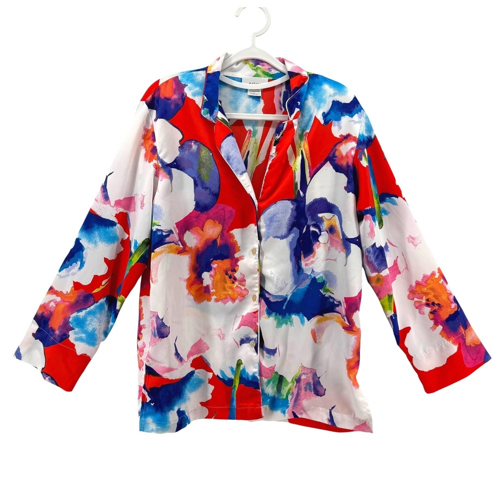 Natori Womens Floral Watercolor Satin Button Down Pajama Top Red Blue Size M
